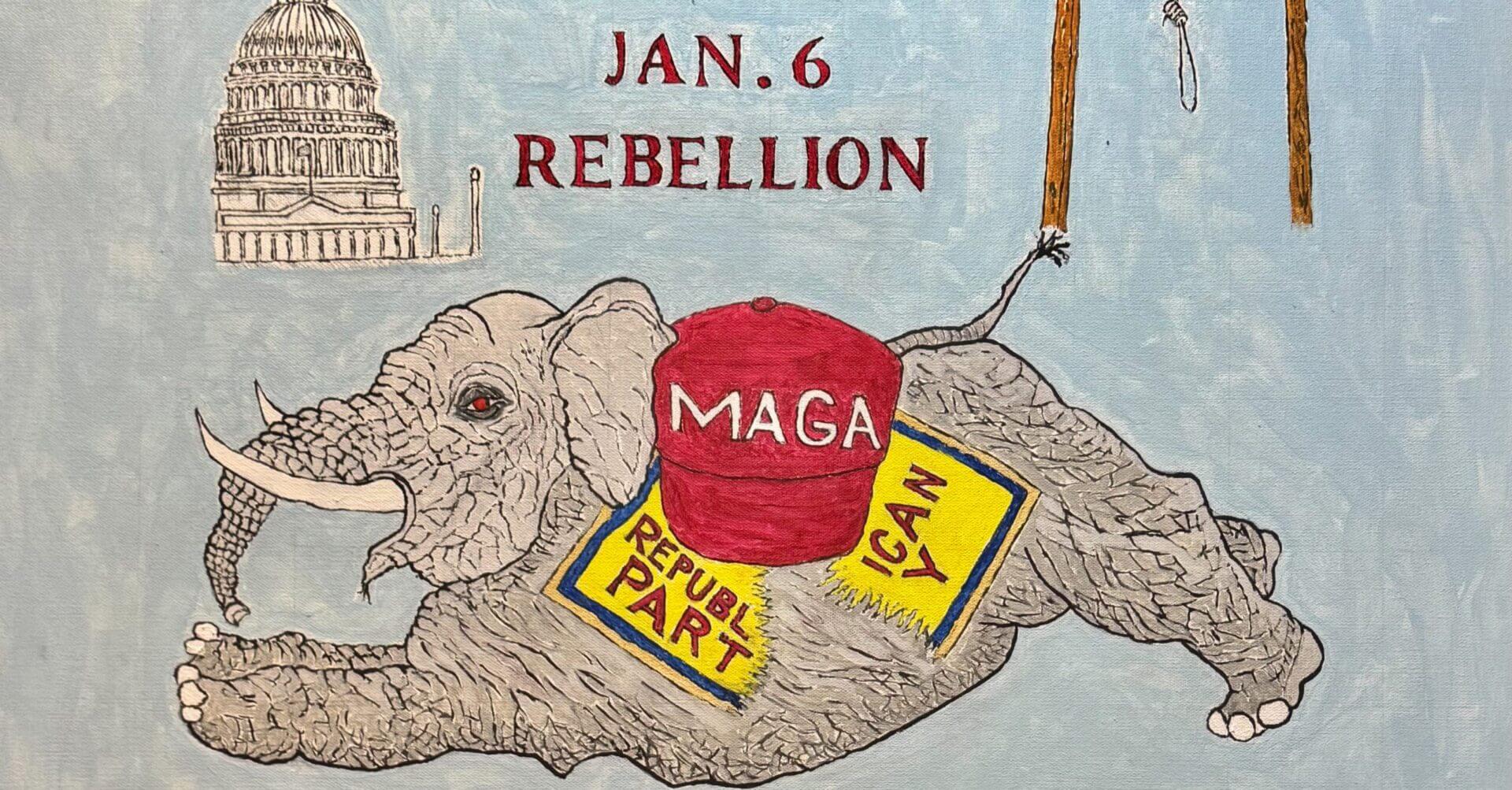 Illustration of a bear with political symbols related to Jan. 6 rebellion.