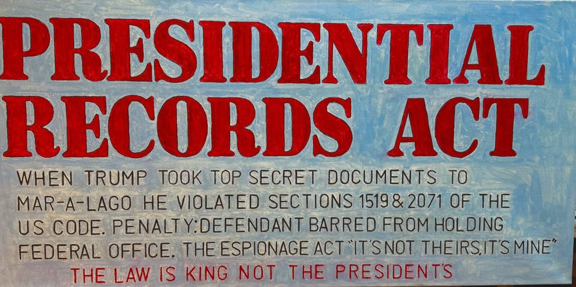 Close-up of a vintage poster with bold red text about presidential records and espionage.