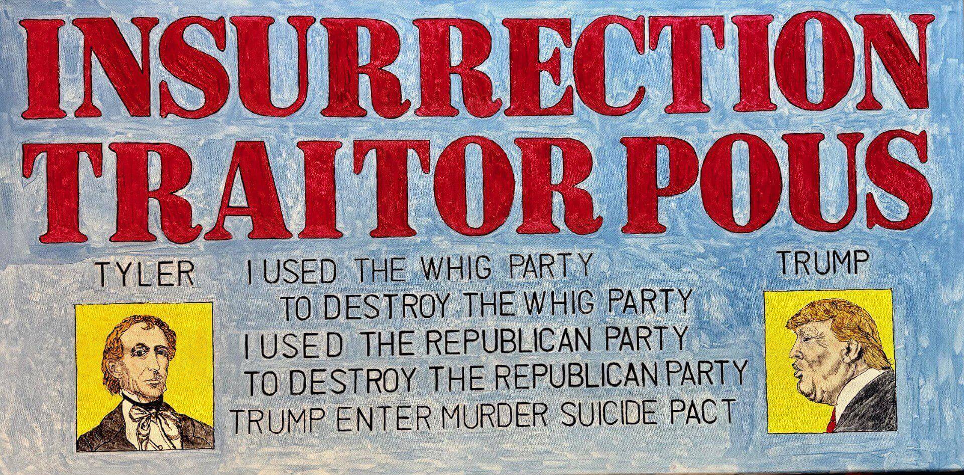 A torn political poster with red text on white background.