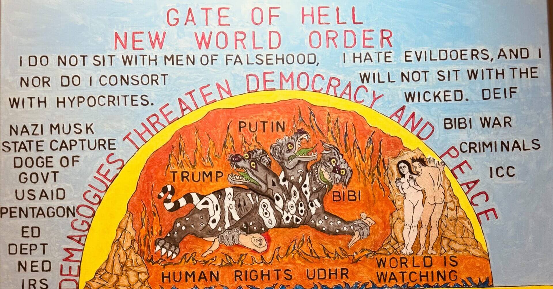 A chaotic political cartoon depicting a fiery 'Gate of Hell' with global leaders and issues.