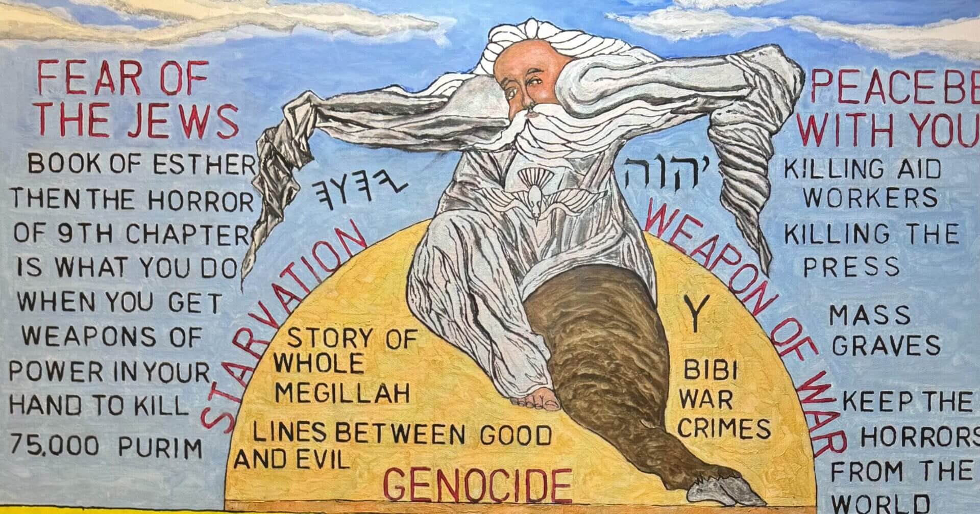 Mural depicting a giant figure with a flowing beard and words about genocide and history.