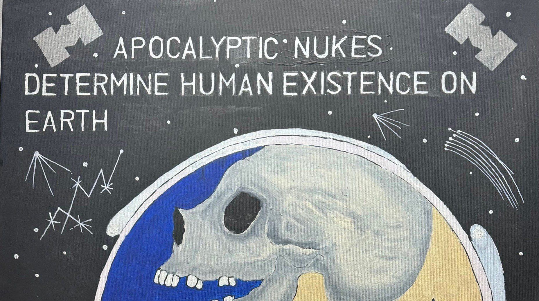 Skull illustration with apocalyptic message.